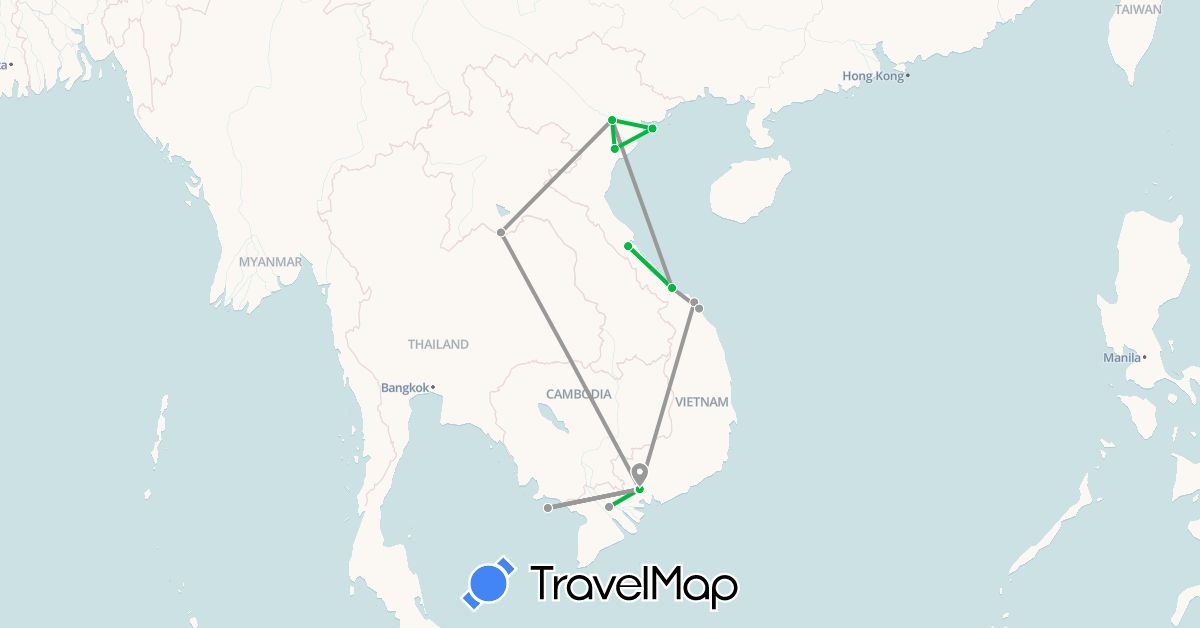 TravelMap itinerary: bus, plane in Laos, Vietnam (Asia)